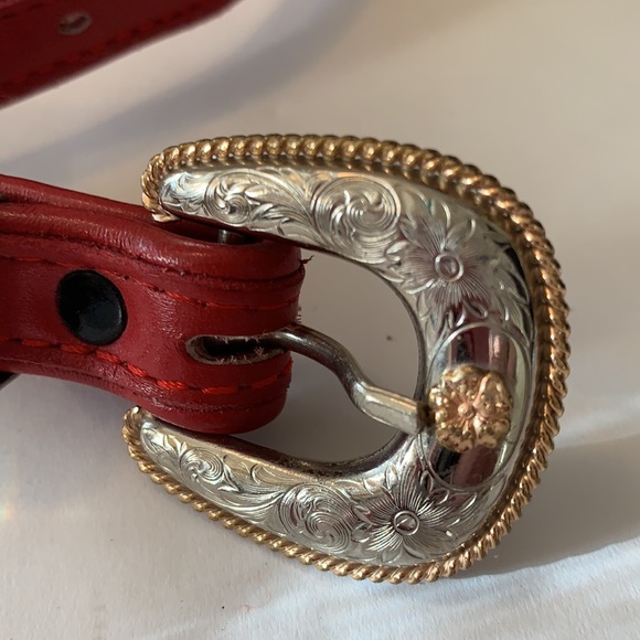 JUSTIN RED TOP GRAIN COWHIDE RED LEATHER SILVER BRAID 3055R SZ 28 ORNATE BUCKLE - Picture 2 of 6